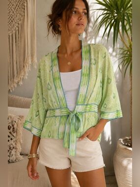 Coldwater Creek 100% Silk Ikat Tie Front Kimono Jacket Cardigan Green Size M